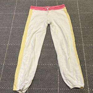 Monrow joggers - cream, with yellow stripe and red waist band
